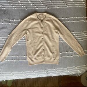 Classic Cashmere Cardigan Crewneck Button-Front Sweater in Beige
